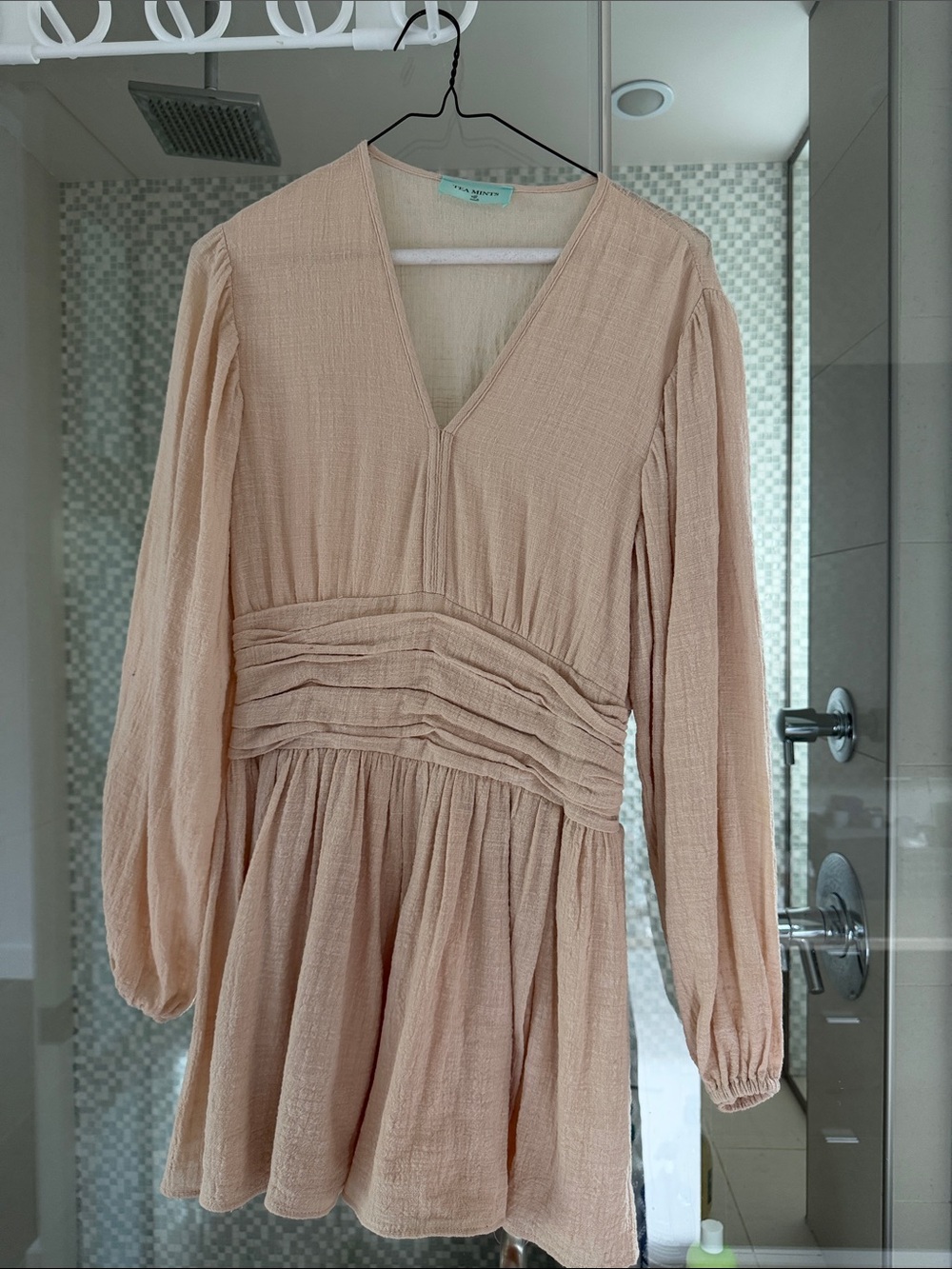V-Neck Long-Sleeve Mini Dress in Peach by